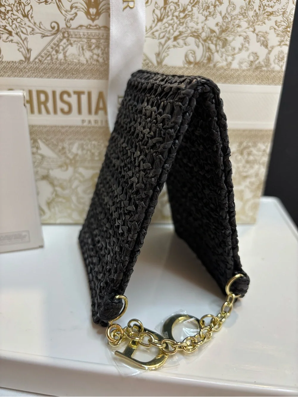 Dior Black Woven Raffia Mirror with Yellow CD chain